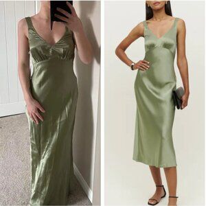 Reformation Sage Green Satin Midi Dress